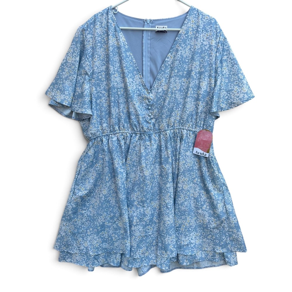 NWT Arula Floral Dress Womens 2X Blue White Flutter Sleeve Mini Dress Pockets
